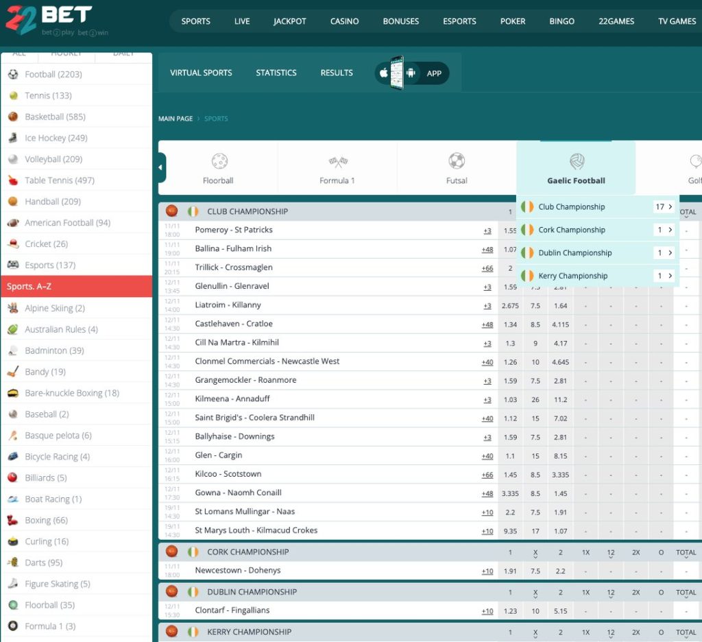 22bet gaelic football betting ireland